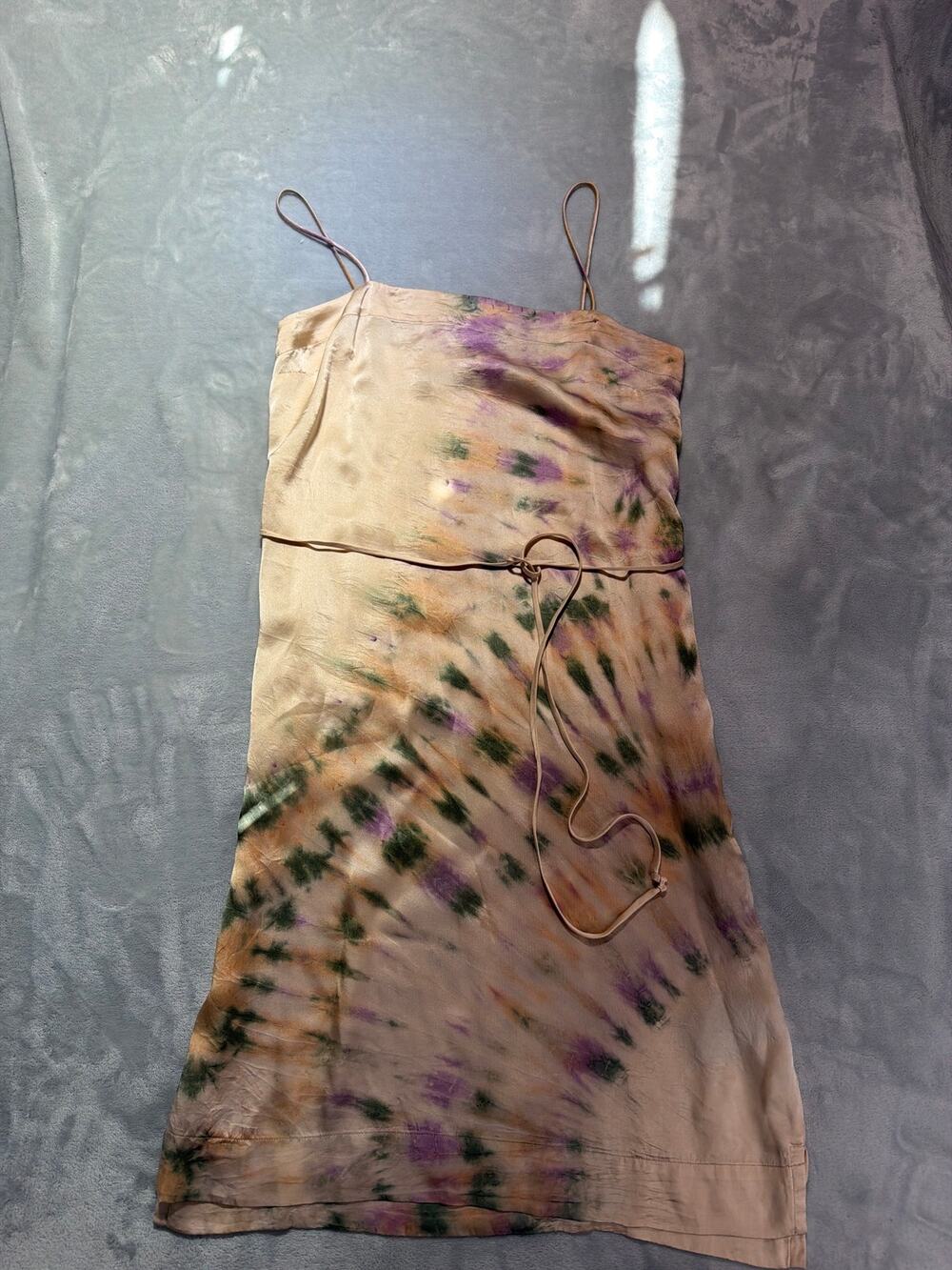 Raquel Allegra 100% Silk Tie Dye T-Back Spaghetti Strap Slip Dress with Belt
